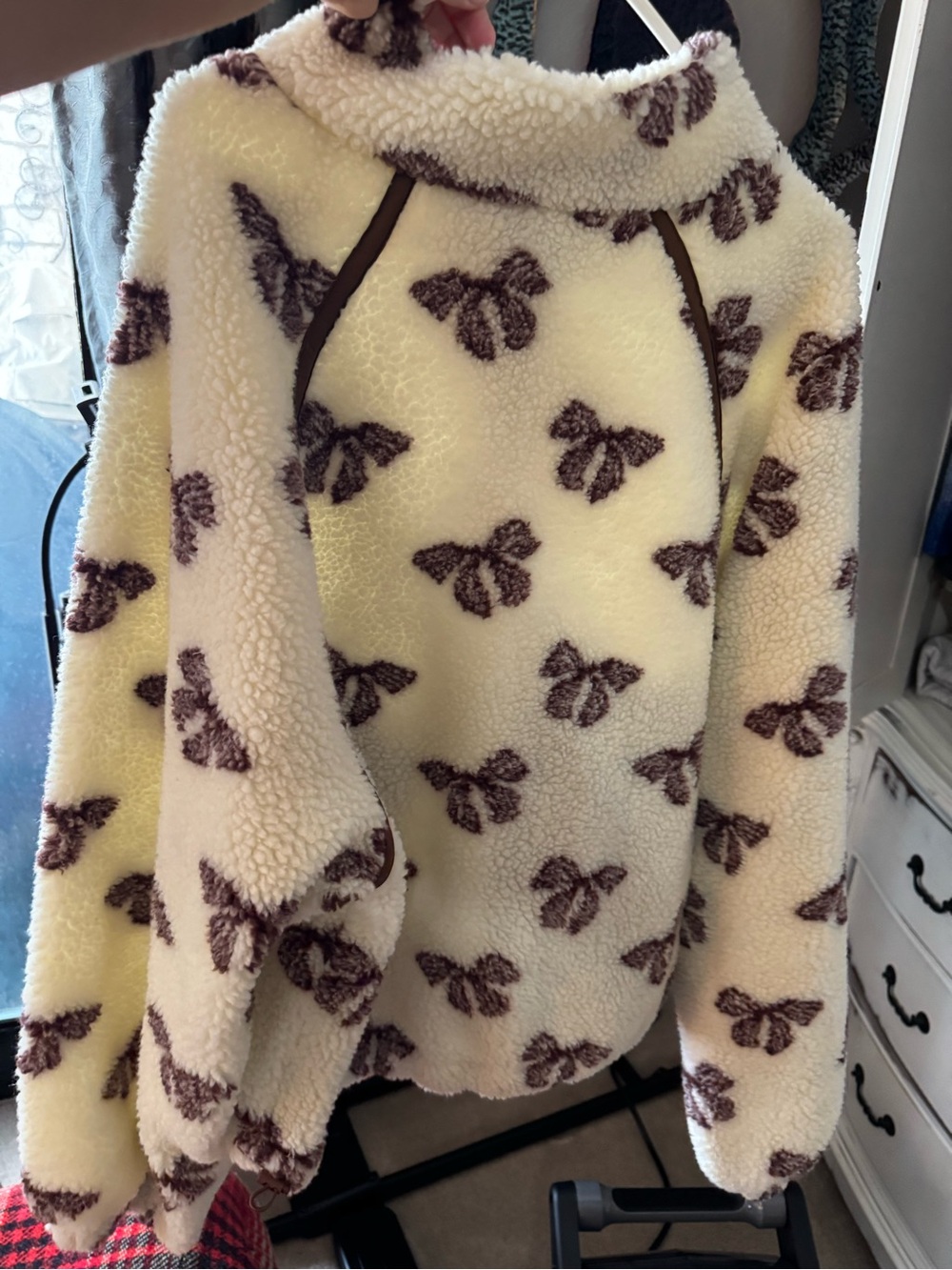 Cream Sherpa Turtleneck Pullover with Brown Bow Print - Picture 4 of 4